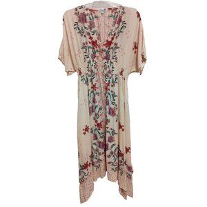 Nostalgia Maxi Dress Size Medium Peach Flora Smocked Asymmetric BOHO Cottagecore